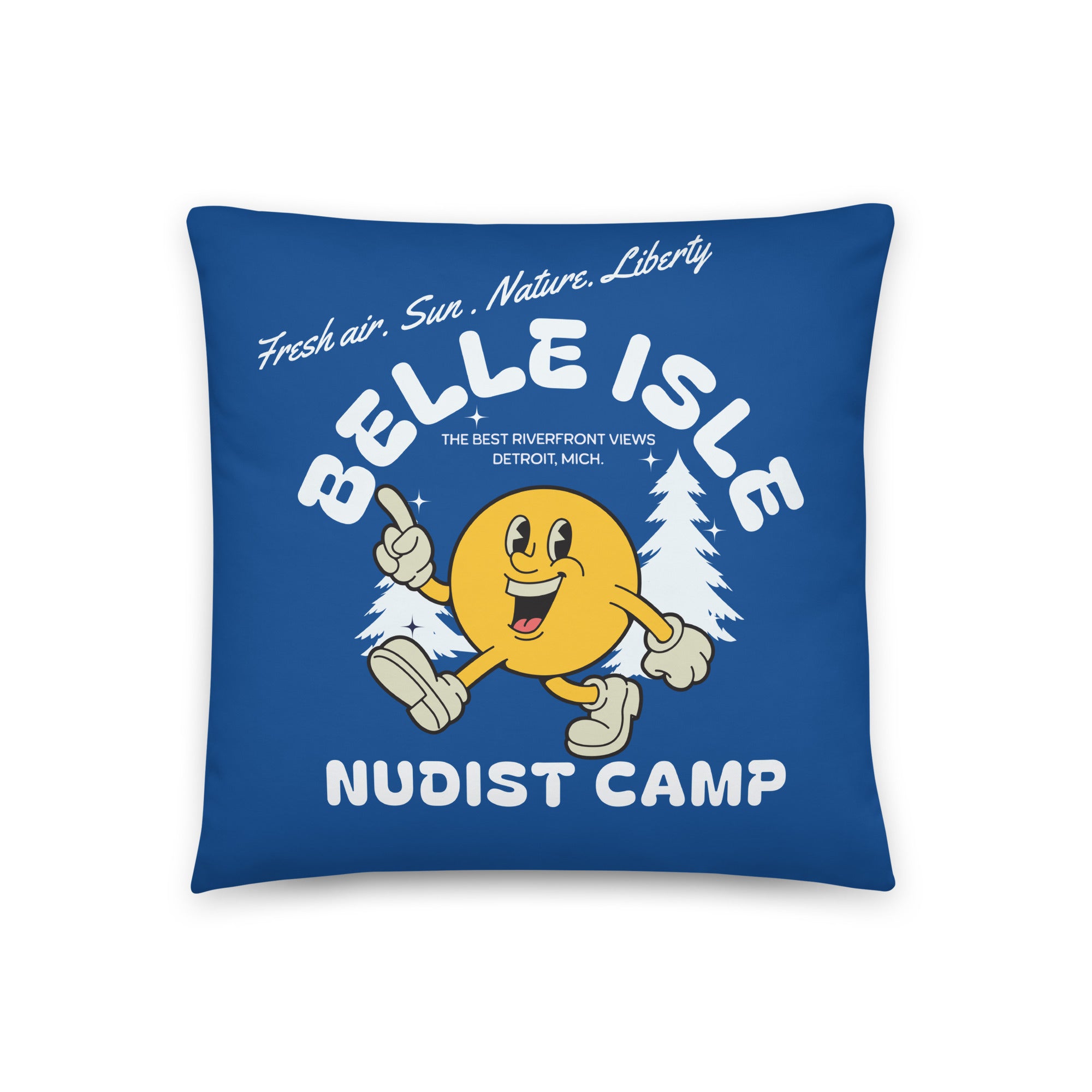 Belle Isle Nudist Camp Throw Pillow from Pure Detorit - 18" X 18" - Blue