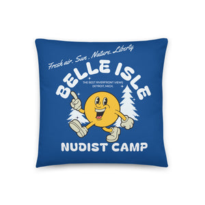 Belle Isle Nudist Camp Throw Pillow from Pure Detorit - 18" X 18" - Blue