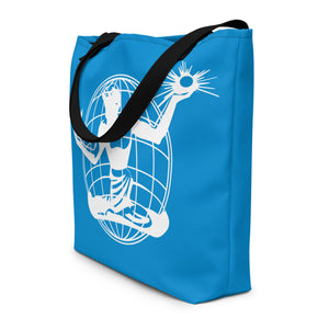 Alternate 3/4 view of the Spirit of Detroit Worldwide All - Over Print Large Tote Bag - 16" X 20" - Blue / White - by Pure Detroit