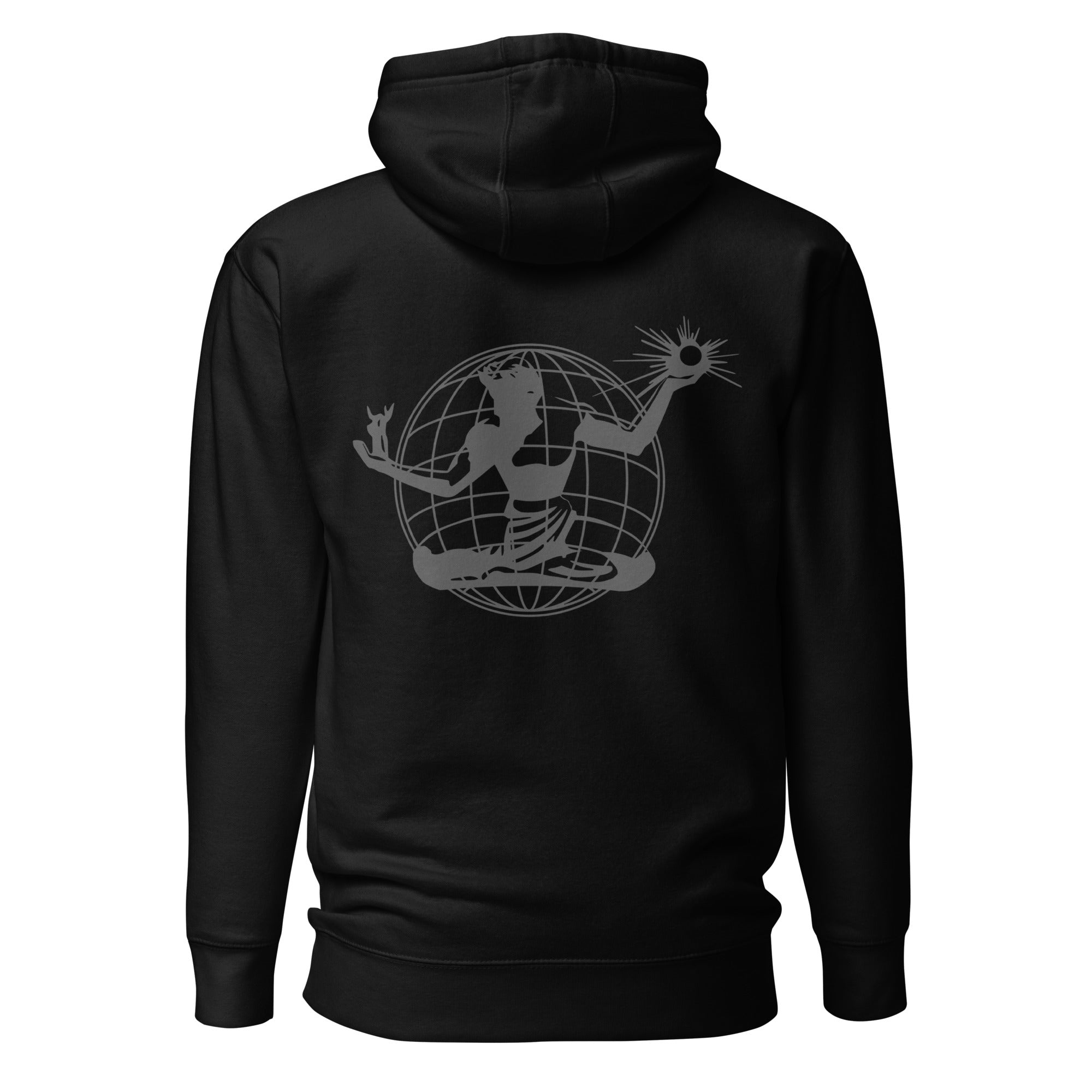 Alternate back view Spirit of Detroit Worldwide Premium Unisex Hoodie - Black / Dark Gray - by Pure Detroit