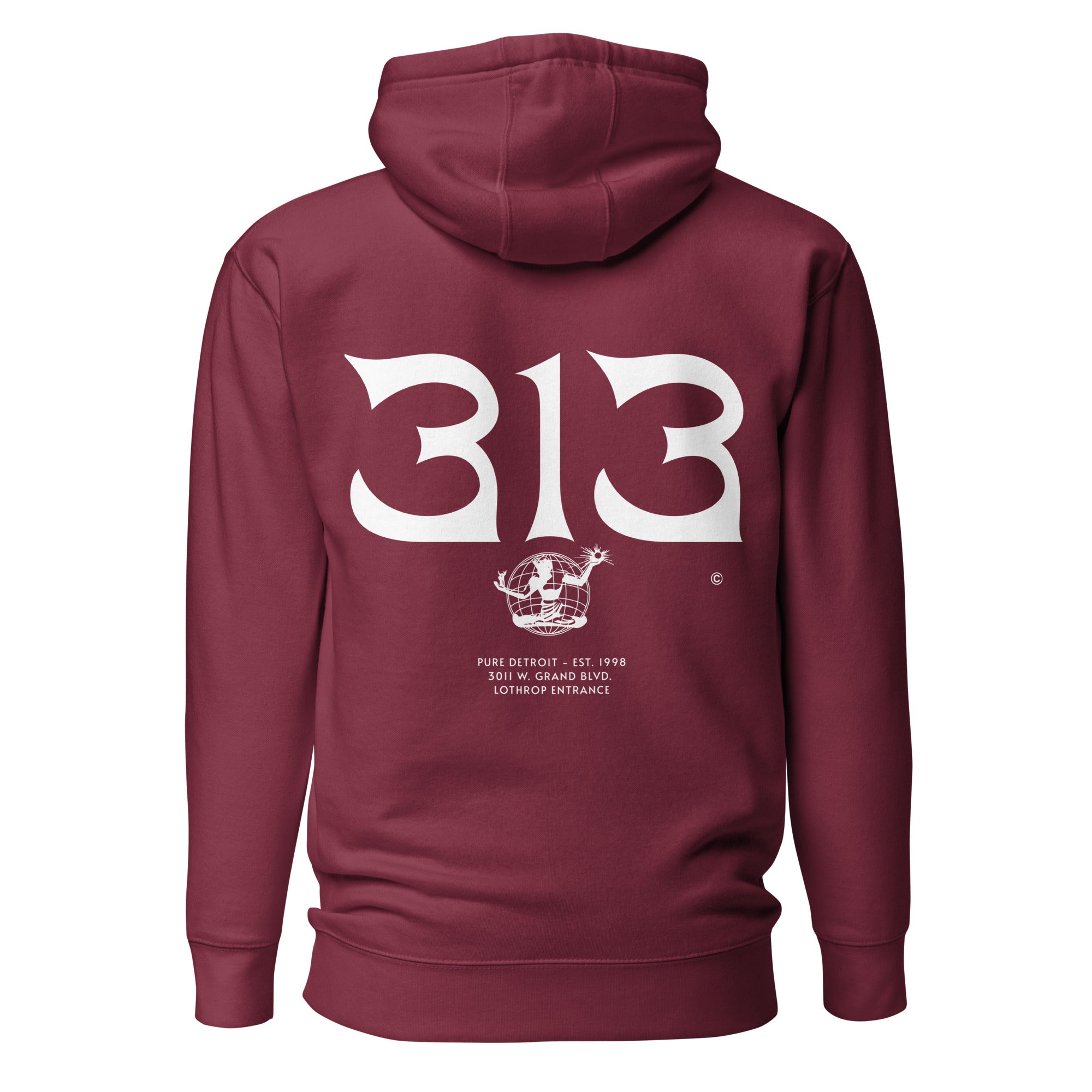 313 Nomad Premium Pullover Unisex Hoodie - Back Print - Maroon / White - by Pure Detroit