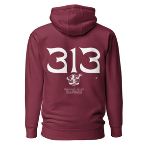 313 Nomad Premium Pullover Unisex Hoodie - Back Print - Maroon / White - by Pure Detroit