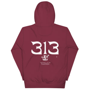 Alternate view of 313 Nomad Premium Pullover Unisex Hoodie - Back Print - Maroon / White - by Pure Detroit
