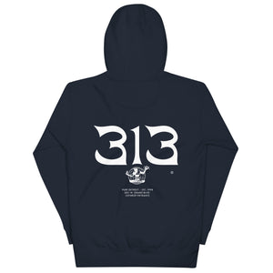 Alternate view if 313 Nomad Premium Pullover Unisex Hoodie - Back Print - Navy / White by Pure Detroit