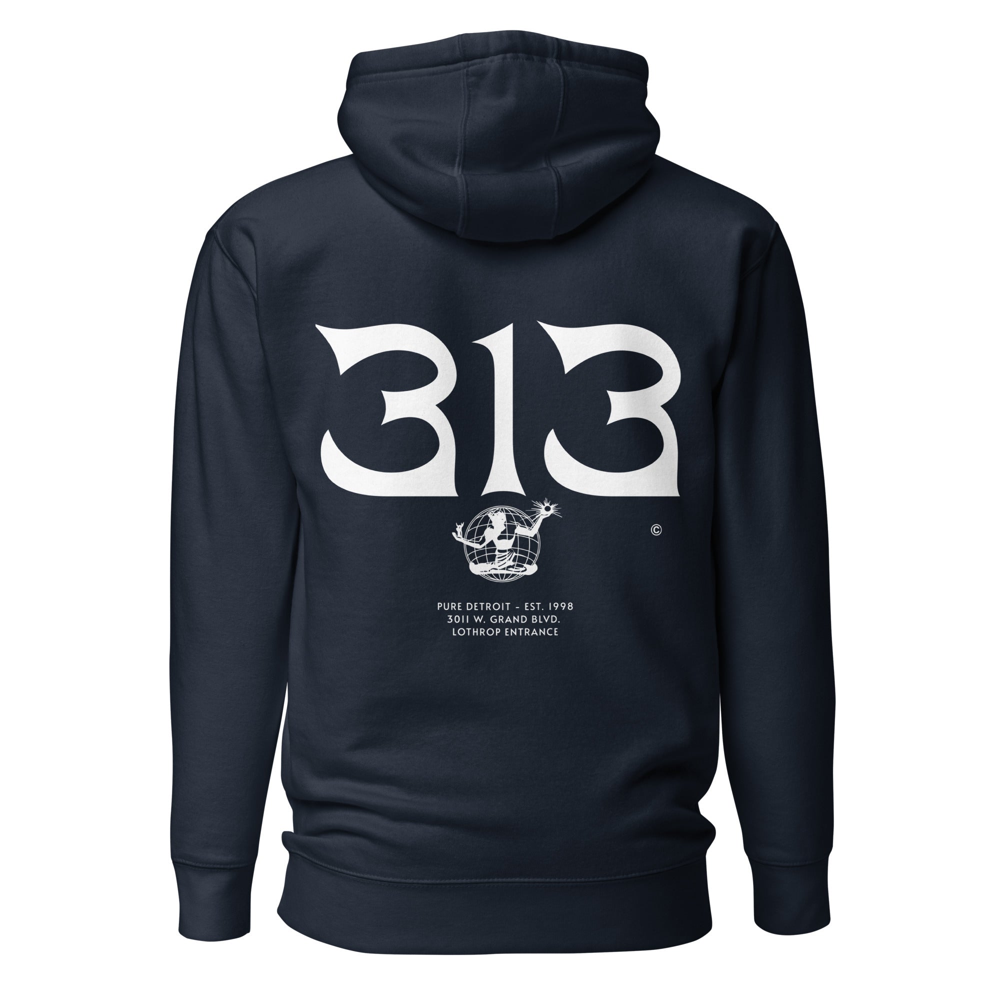 Second back view of 313 Nomad Premium Pullover Unisex Hoodie - Back Print - Navy / White by Pure Detroit