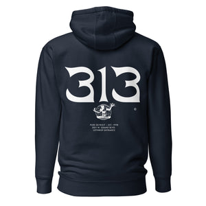 Second back view of 313 Nomad Premium Pullover Unisex Hoodie - Back Print - Navy / White by Pure Detroit