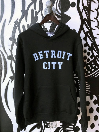 Detroit City Pullover Sponge Fleece Hooded Sweatshirt / White + Black / Unisex    