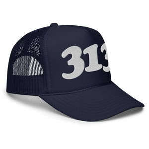 313 Detroit Foam Trucker Hat - Navy  - Embroidered with White Hat   