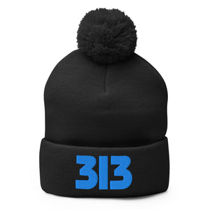 313 Detroit Embroidered Pom-Pom Beanie - Black / Blue Pom Pom Beanie Default Title