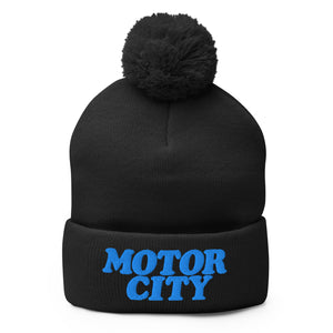 Motor City Embroidered Pom-Pom Beanie - Black / Blue Pom Pom Beanie Default Title