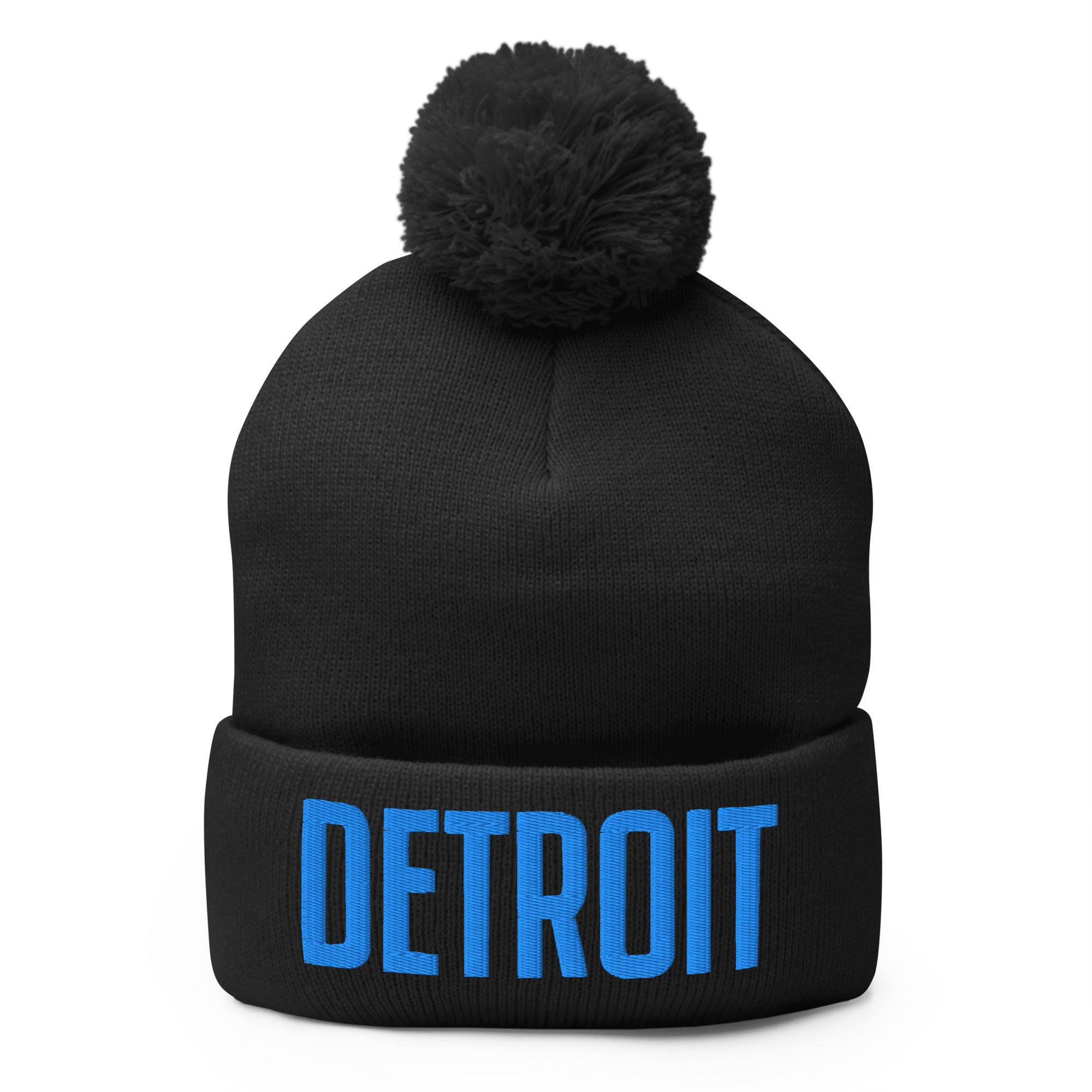 Detroit Embroidered Pom-Pom Beanie - Black / Blue Pom Pom Beanie Default Title