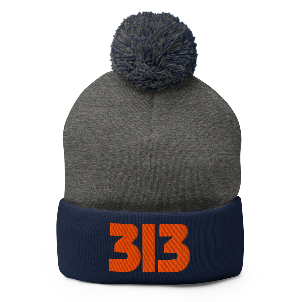 313 Pom-Pom Beanie - Navy / Gray / Orange Pom Pom Beanie