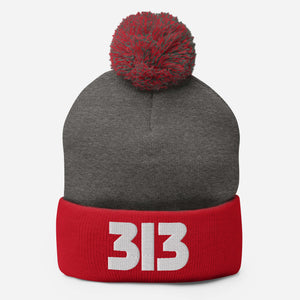 313 Embroidered Pom-Pom Beanie - Red / Gray / White Pom Pom Beanie Default Title