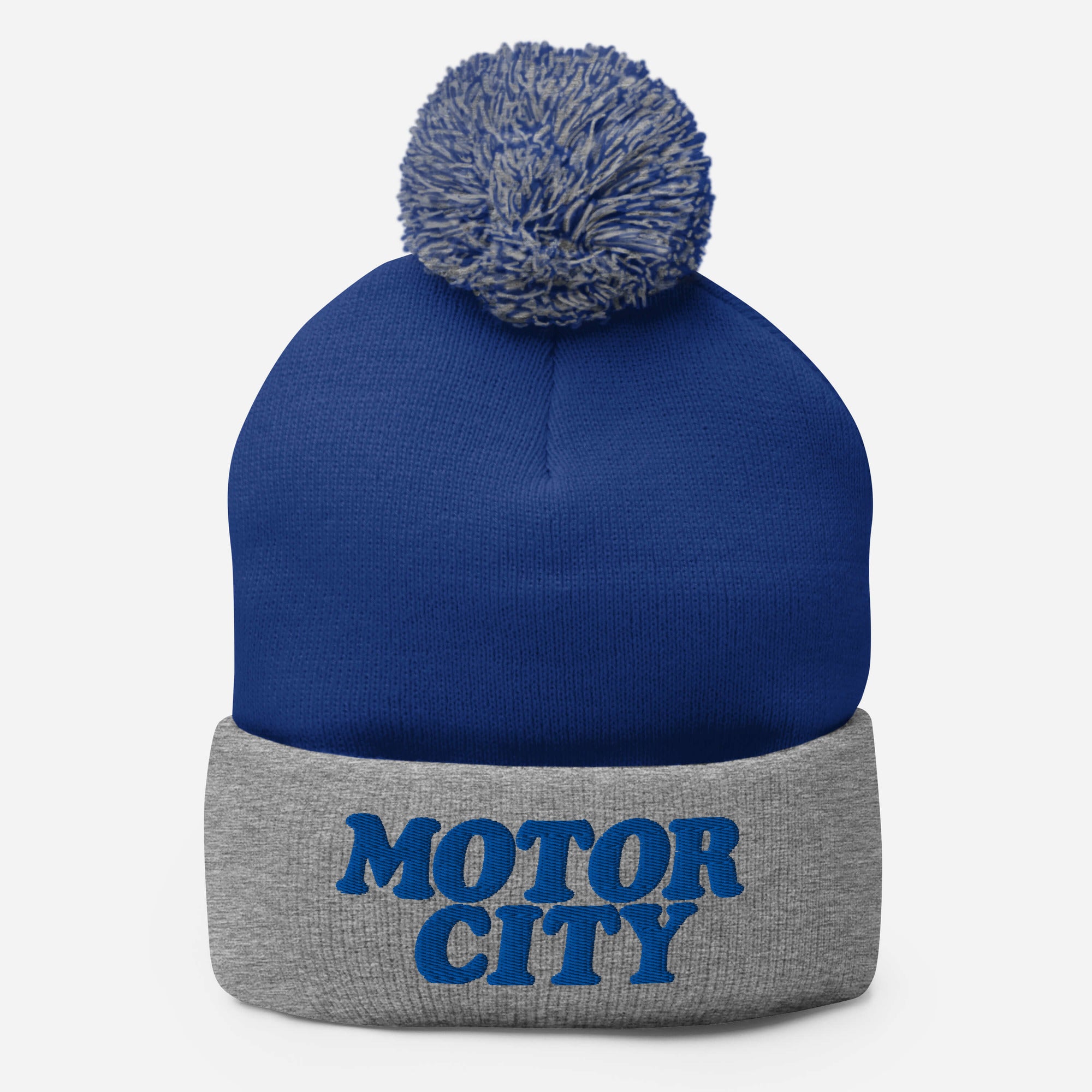 Motor City Embroidered Pom-Pom Beanie Blue Gray Pure Detroit