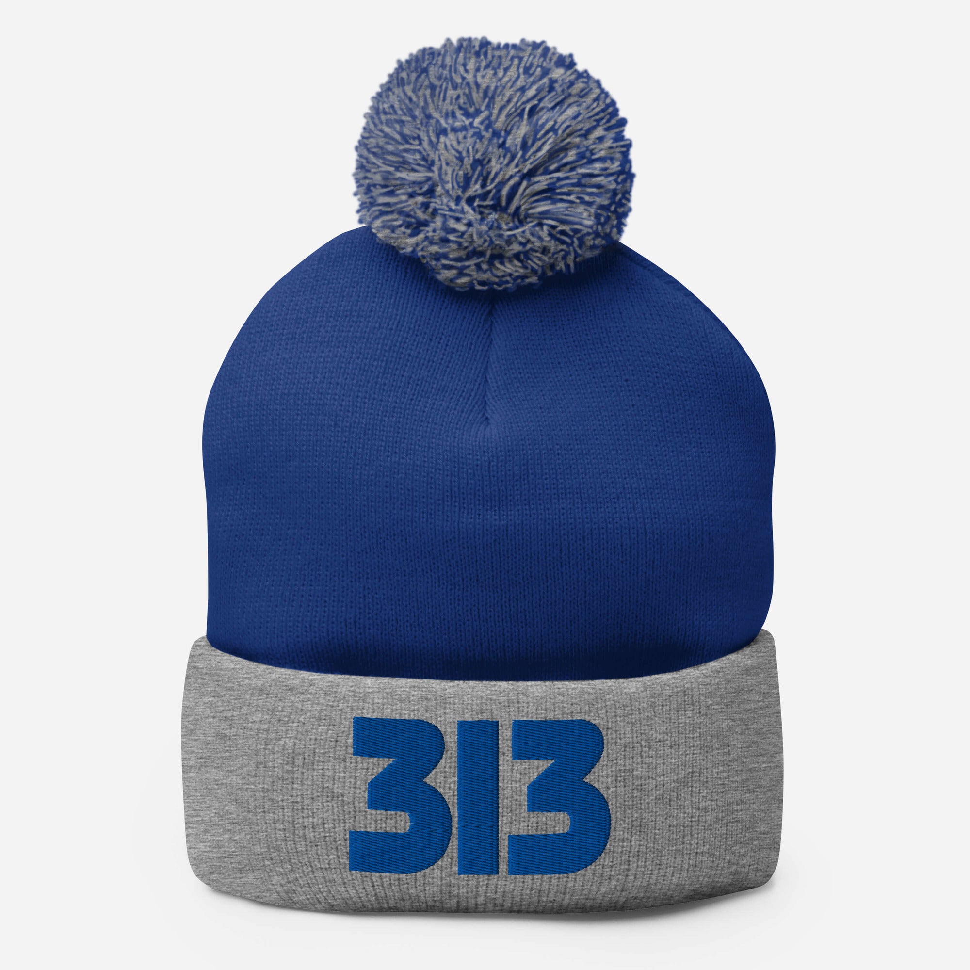 313 Embroidered Pom-Pom Beanie - Blue / Gray Pom Pom Beanie Default Title