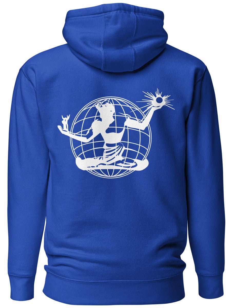 Spirit of Detroit Worldwide Premium Unisex Hoodie - Back Print - Royal / White pullover hoodie