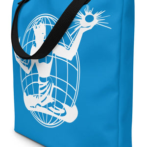 3/4 view of the Spirit of Detroit Worldwide All - Over Print Large Tote Bag - 16" X 20" - Blue / White - by Pure Detroit