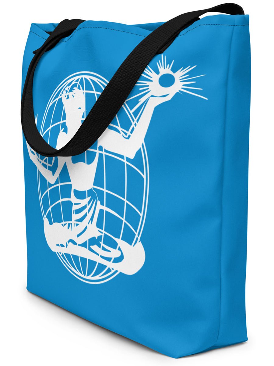 3/4 view of the Spirit of Detroit Worldwide All - Over Print Large Tote Bag - 16" X 20" - Blue / White - by Pure Detroit