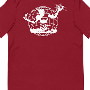 Back view of the Spirit of Detroit Worldwide Unisex Premium T-shirt - Cardinal / White - by Pure Detroit