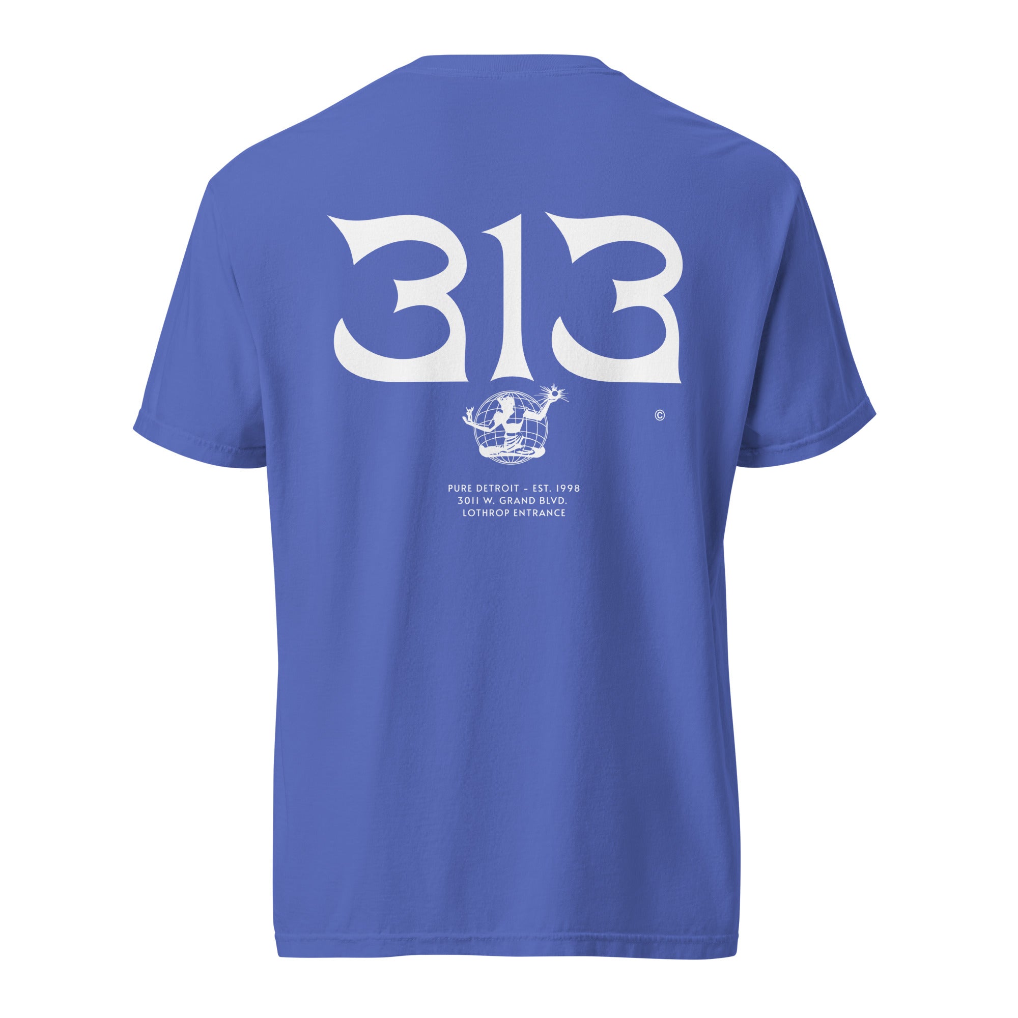 Second back view of 313 Nomad garment-dyed t-shirt in nflow blue / white with back print of 313 and Spirit of Detroit world graphic by Pure Detroit.