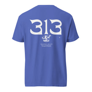 Second back view of 313 Nomad garment-dyed t-shirt in nflow blue / white with back print of 313 and Spirit of Detroit world graphic by Pure Detroit.