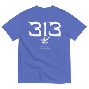 Alternate back view of 313 Nomad garment-dyed t-shirt in flow blue / white with back print of 313 and Spirit of Detroit world graphic by Pure Detroit.