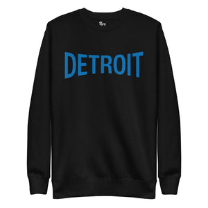 Detroit Champ Unisex Premium Sweatshirt by Pure Detroit. Black sweatshirt with Detroit printed across chest in blue