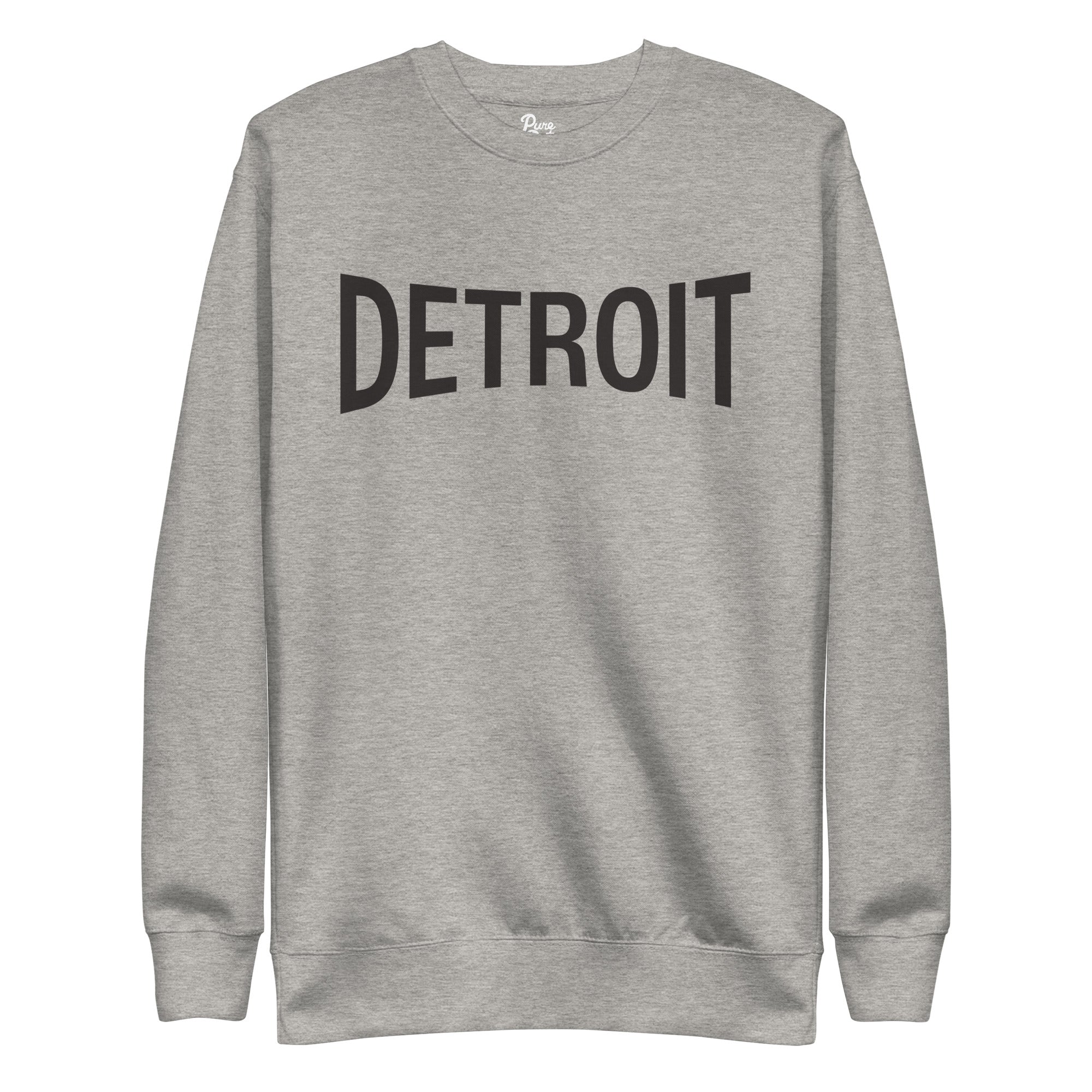 Detroit Champ Unisex Premium Sweatshirt by Pure Detroit. Athletic Gray sweatshirt with Detroit printed across chest in black