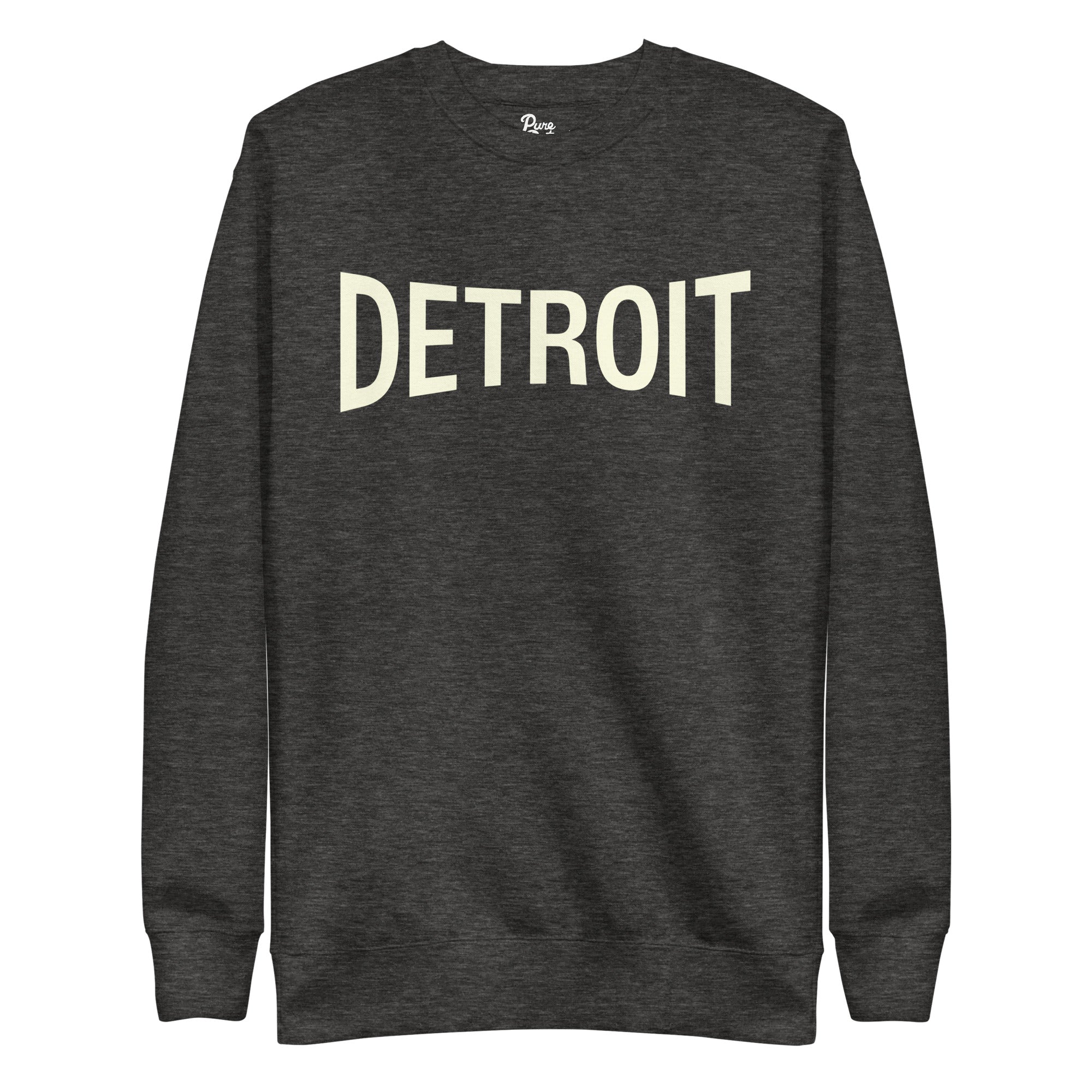 Detroit Champ Unisex Premium Sweatshirt by Pure Detroit. Charcoal black sweatshirt with Detroit printed across chest in light cream