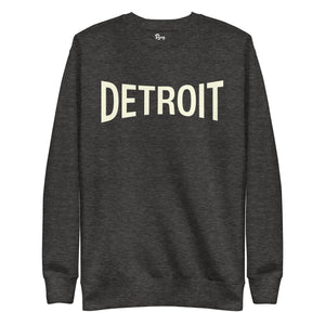 Detroit Champ Unisex Premium Sweatshirt by Pure Detroit. Charcoal black sweatshirt with Detroit printed across chest in light cream