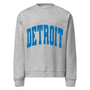 Detroit Game Day Crew Neck Sweatshirt in athletic gray with Detroit printed large across the front in blue. By Pure Detroit.