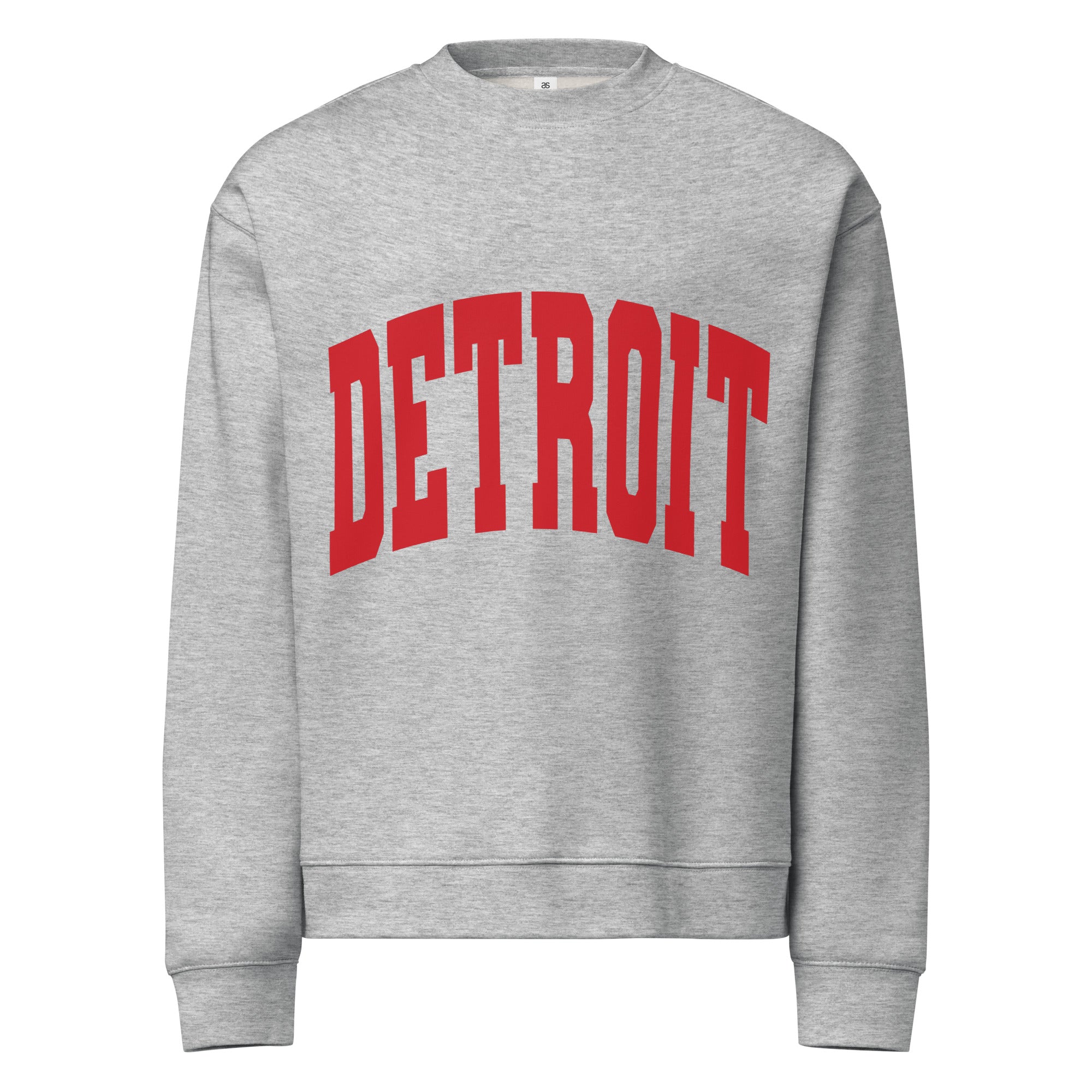 Detroit Game Day Crew Neck Sweatshirt in athletic gray with Detroit printed large across the front in red. By Pure Detroit.