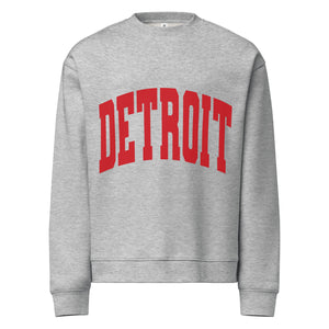 Detroit Game Day Crew Neck Sweatshirt in athletic gray with Detroit printed large across the front in red. By Pure Detroit.