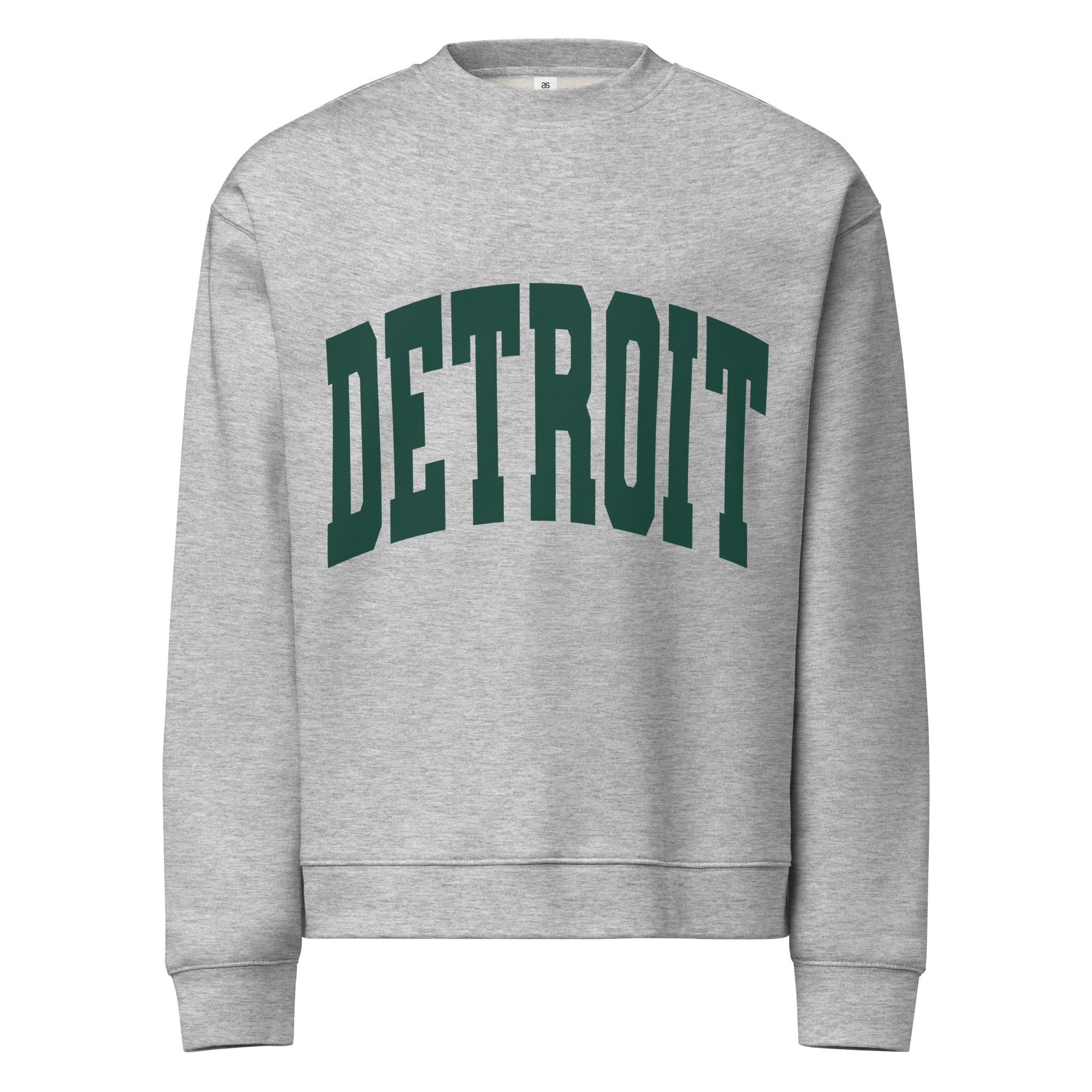 Detroit Game Day Crew Neck Sweatshirt in athletic gray with Detroit printed large across the front in green. By Pure Detroit.