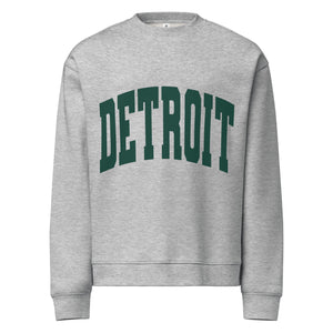 Detroit Game Day Crew Neck Sweatshirt in athletic gray with Detroit printed large across the front in green. By Pure Detroit.