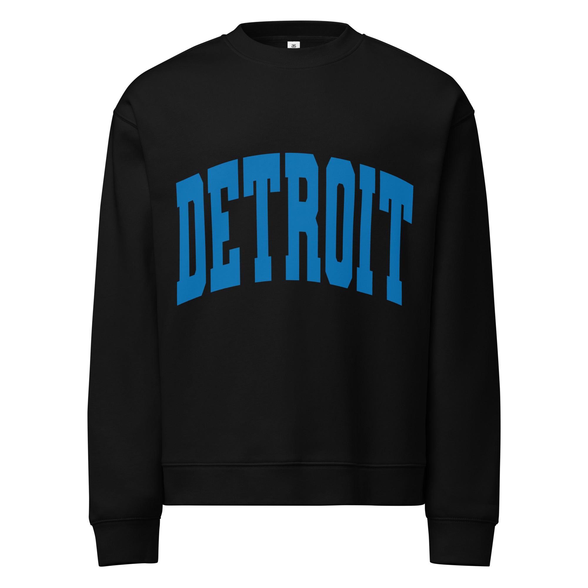 Detroit Game Day Crew Neck Sweatshirt in black with Detroit printed large across the front in blue. By Pure Detroit.