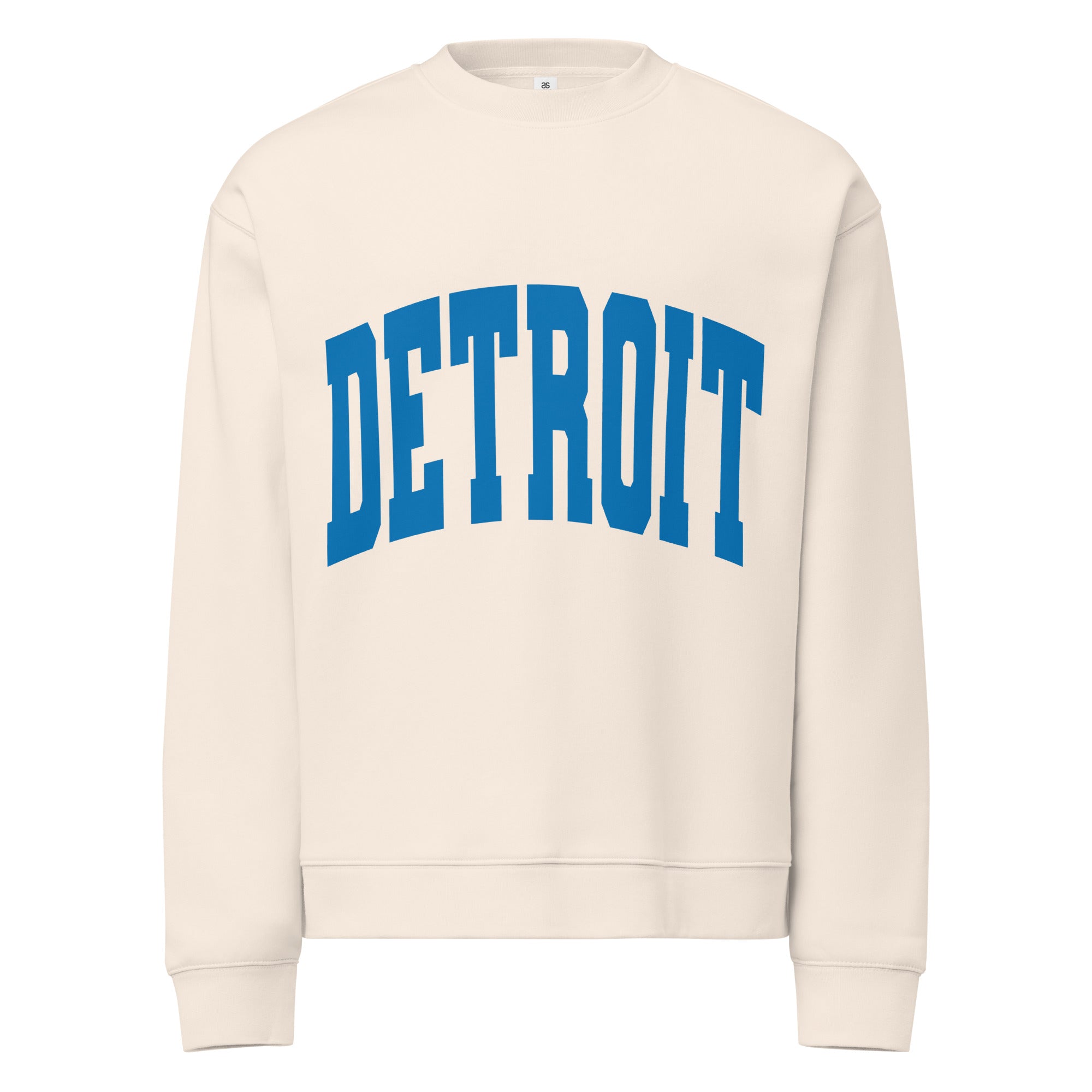 Detroit Game Day Crew Neck Sweatshirt in oatmeal with Detroit printed large across the front in blue. By Pure Detroit.
