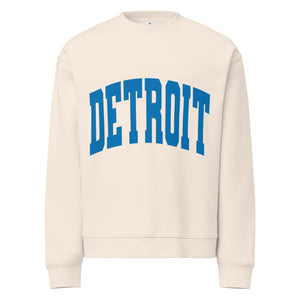 Detroit Game Day Crew Neck Sweatshirt in oatmeal with Detroit printed large across the front in blue. By Pure Detroit.
