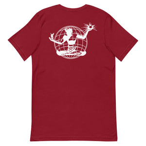 Alternate back view of the Spirit of Detroit Worldwide Unisex Premium T-shirt - Cardinal / White - by Pure Detroit