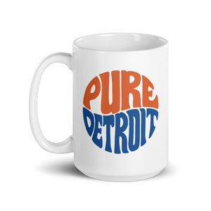 Pure Detroit 70's Retro Ceramic Coffee Mug 15 oz - White / Orange / Blue