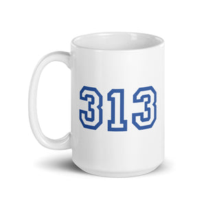 313 Detroit Ceramic Coffee Mug 15 oz - White / Blue