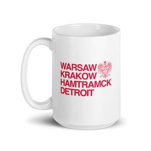 Warsaw Krakow Hamtramck Detroit Ceramic Coffee Mug 15 oz - White / Red Coffee Mug