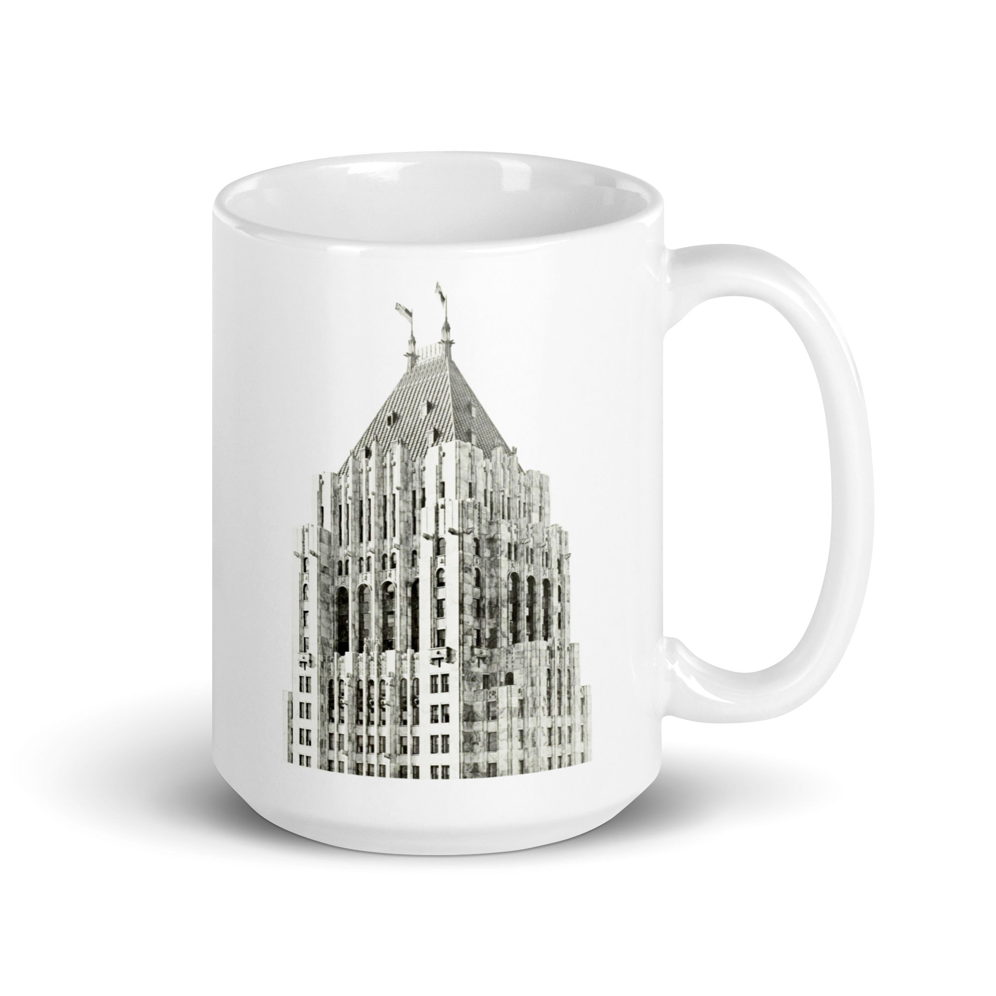 Fisher Building Detroit Ceramic Coffee Mug 15 oz - White / Black