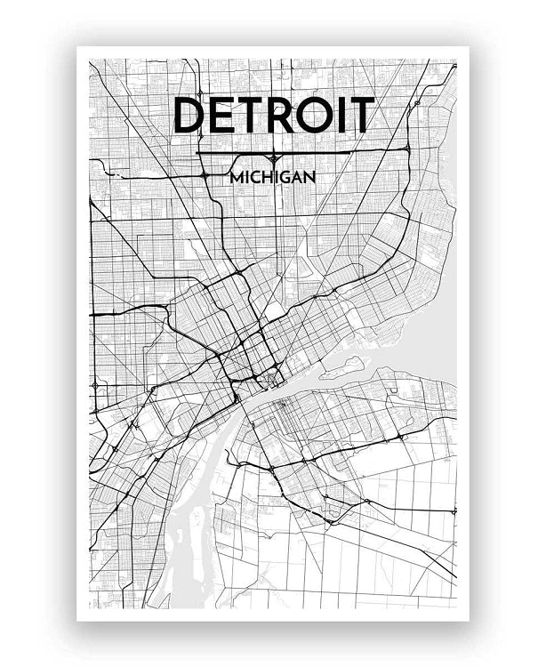 12" x 18" Detroit City Map Print - White + Black Wall Art   