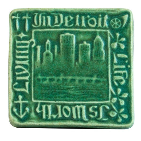 4x4 Old Detroit Pewabic Tile - Pewabic Green Pewabic Pottery   