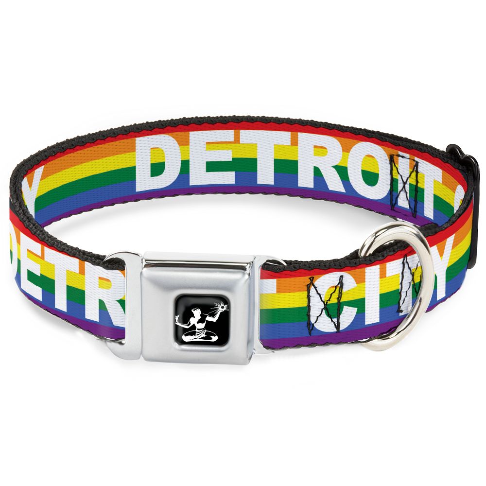 Spirit of Detroit Dog Collar / White Detroit City + Rainbow Stripe Dog Collar   