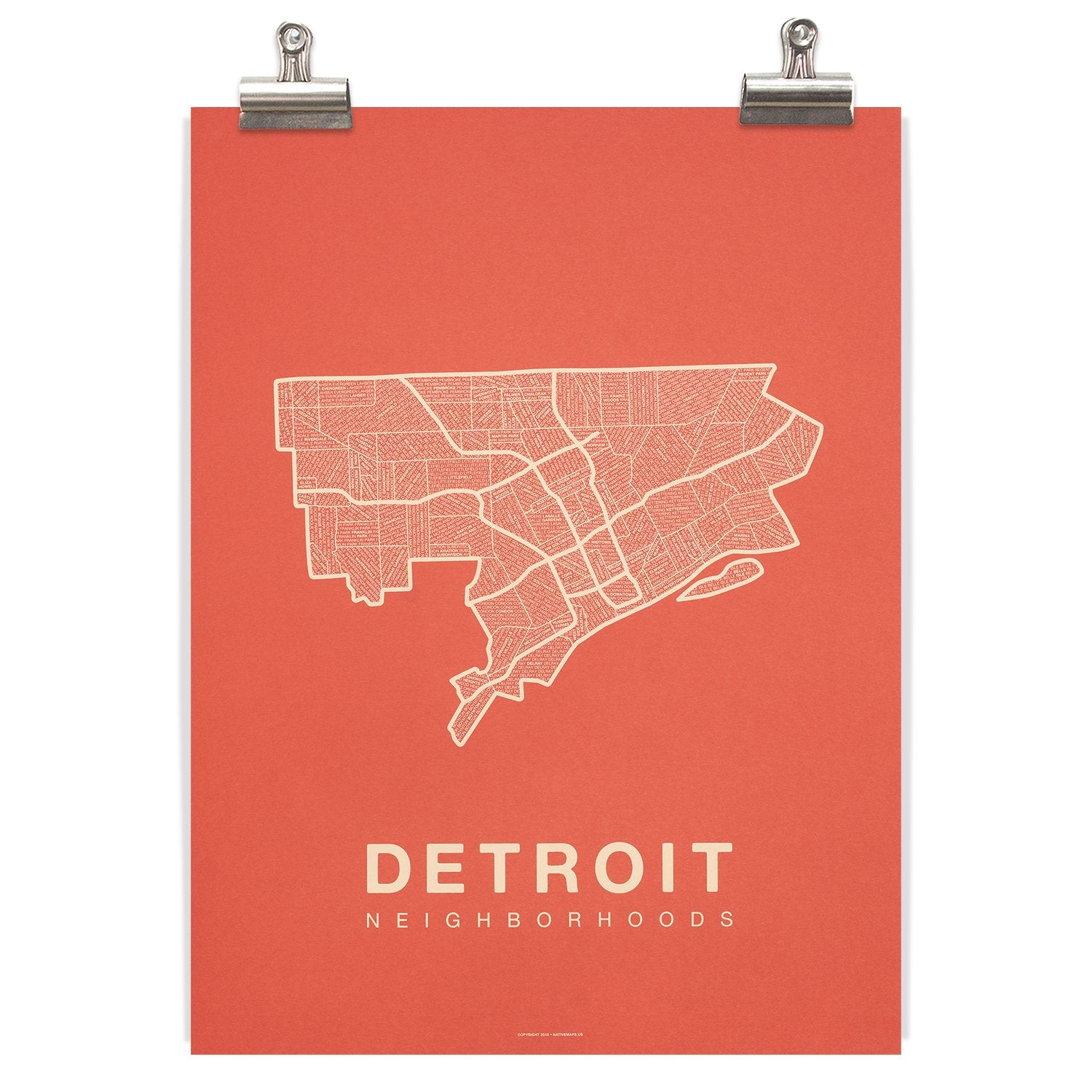 Detroit Neighborhood Map - Coral Wall Art   