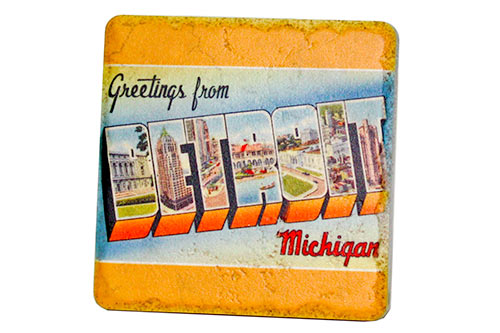 Vintage Greetings From Detroit Porcelain Tile Coaster Coasters   