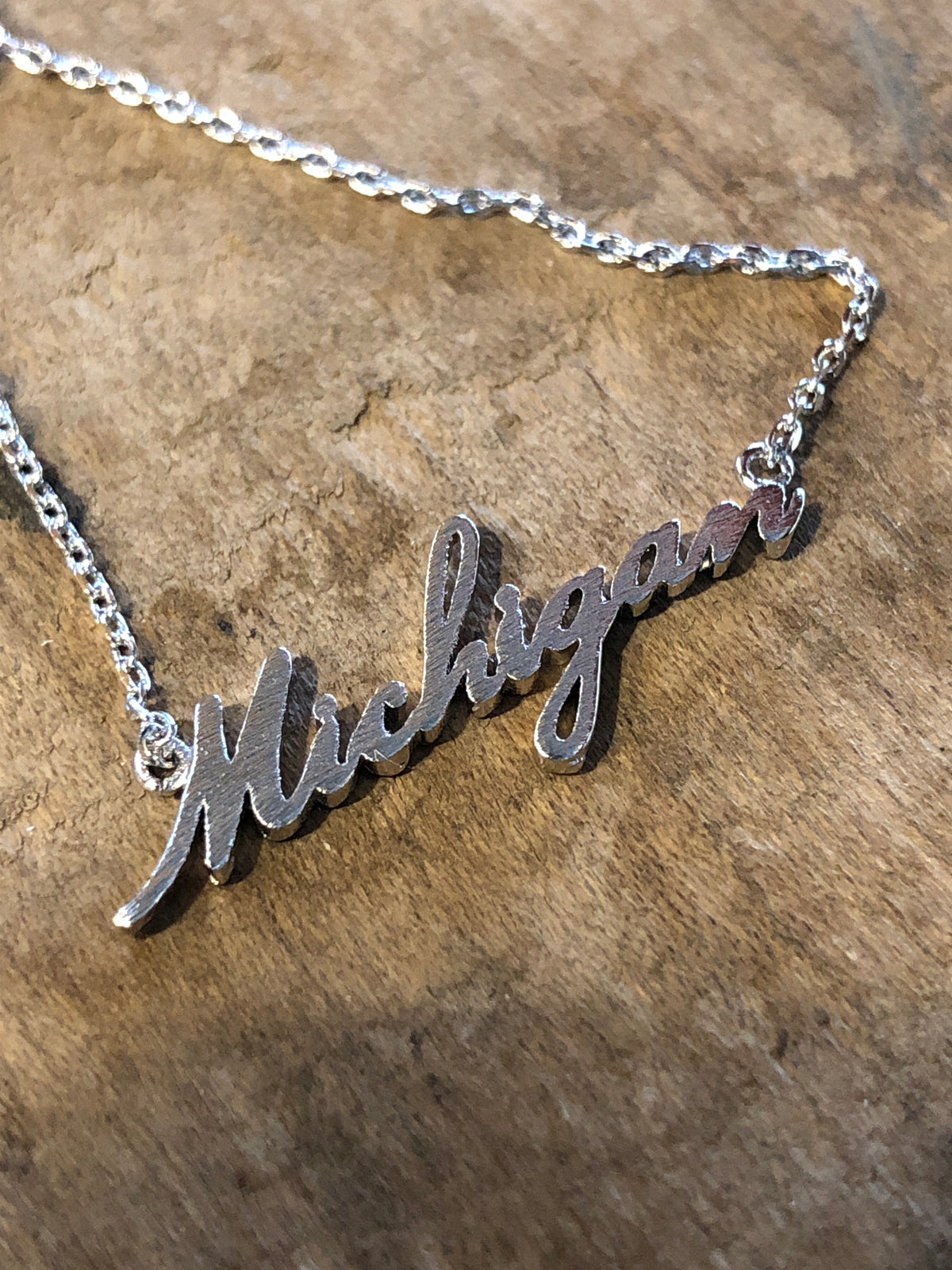 Michigan Script Dainty Necklace / Silver Jewelry   