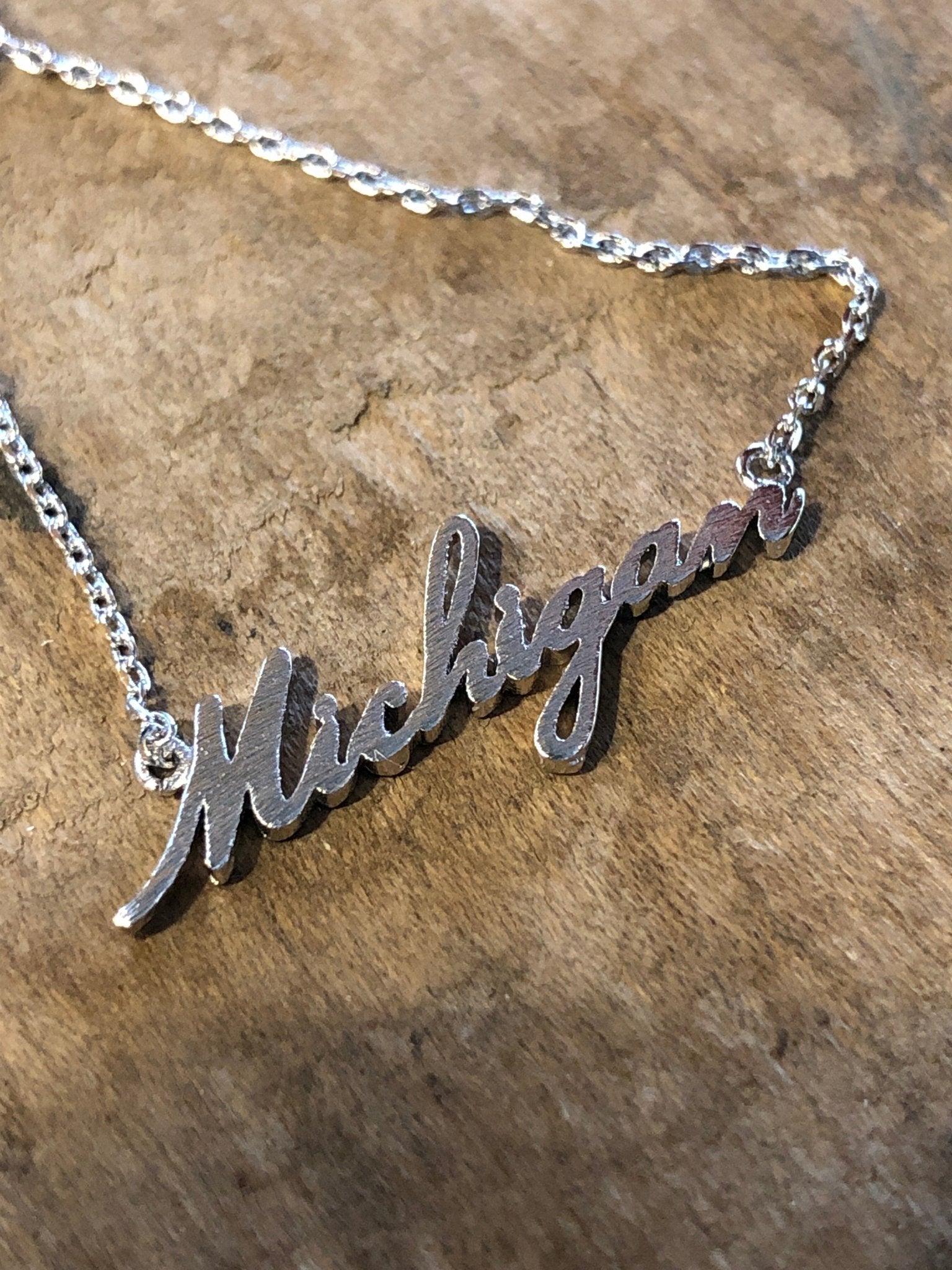 Michigan Script Dainty Necklace / Silver Jewelry